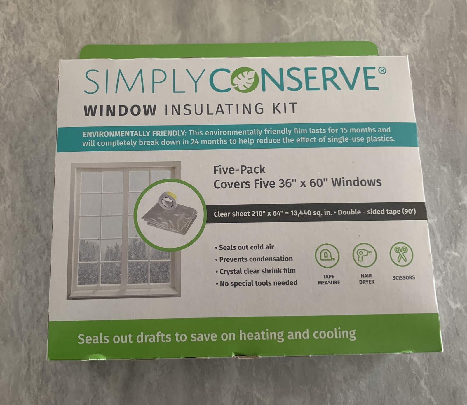 Simply Conserve Window Insulating Kit Seals 5 Indoor Windows 36″x60″
