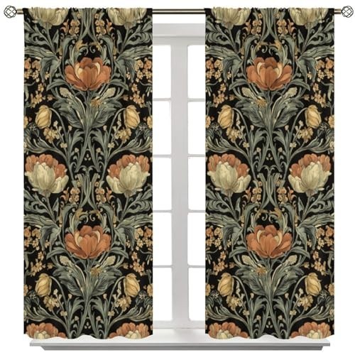Rustic Floral Bird Decor Curtains – Vintage Blue Botanical Window Drapes 42x45in