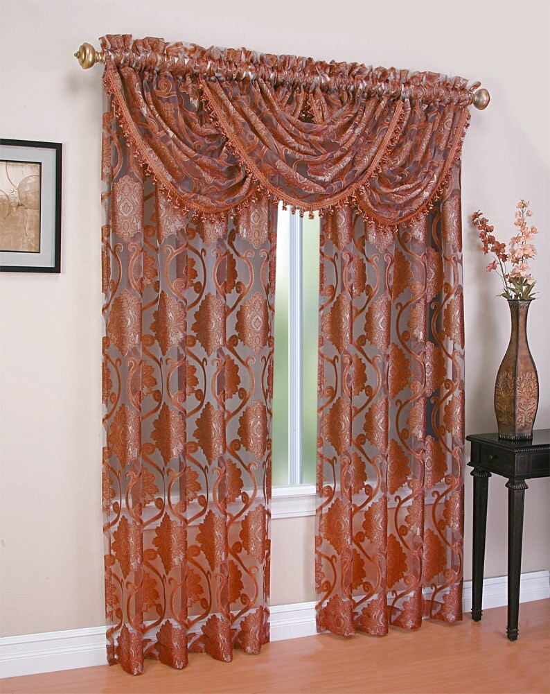 Milawi Jacquard Sheer Rod Pocket Panel And Valance Treatments, Persimmon