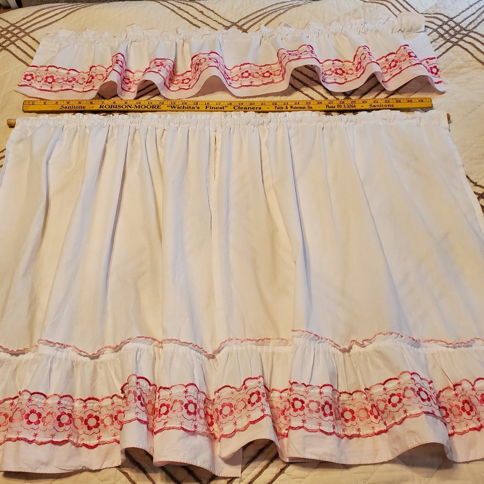 Unbranded Cafe Curtain Set Kitchen White Pink Red Floral Embroidered Excellent