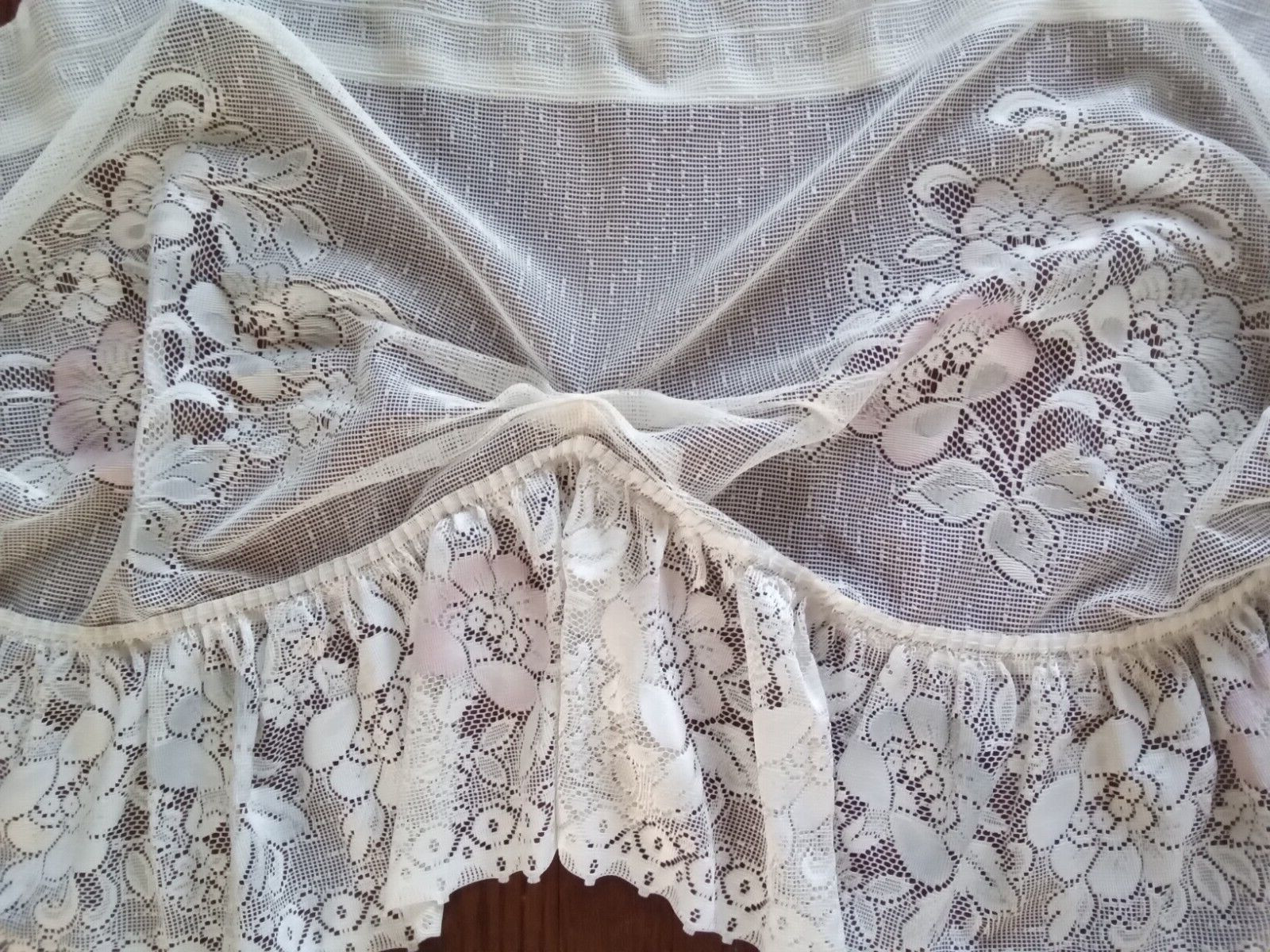TWO (2) VINTAGE BEIGE NET LACE VANANCES WITH PALE PINK AND BLUE FLOWERS