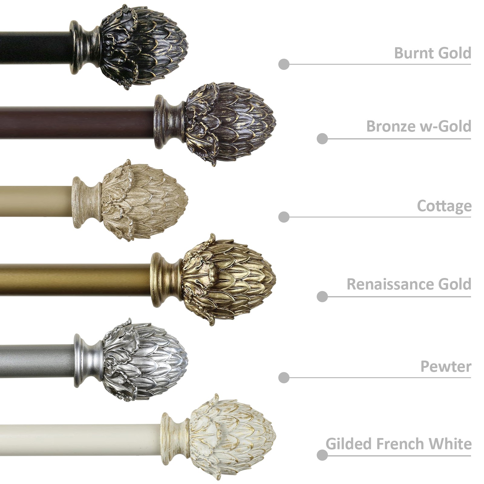 1″Domanda Adjustable Single Drapery Curtain Rod With Artichoke Finials, 28″-120″
