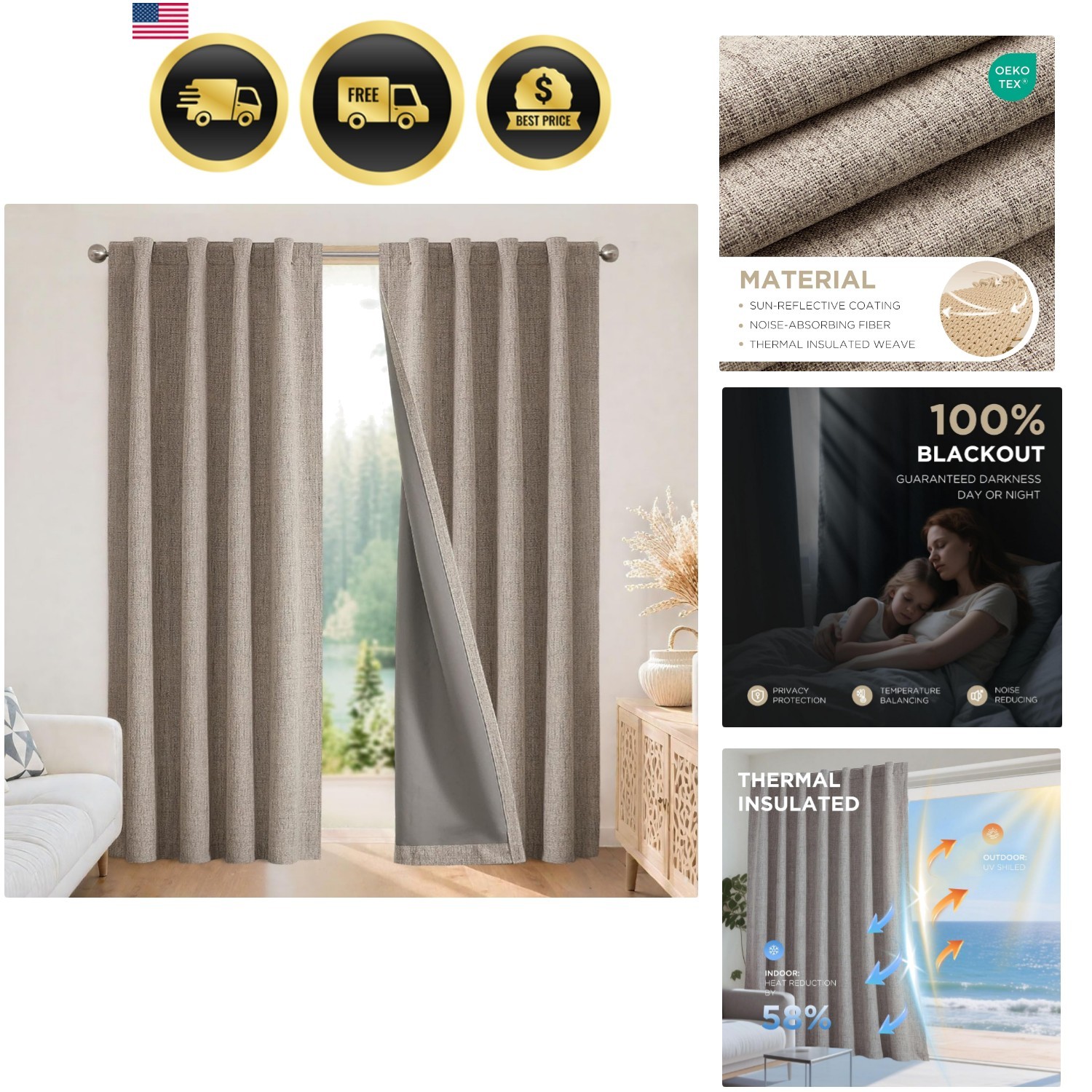 Blackout Curtains for Bedroom – Nature Linen 84 Inch Long 100% Light Blocking…