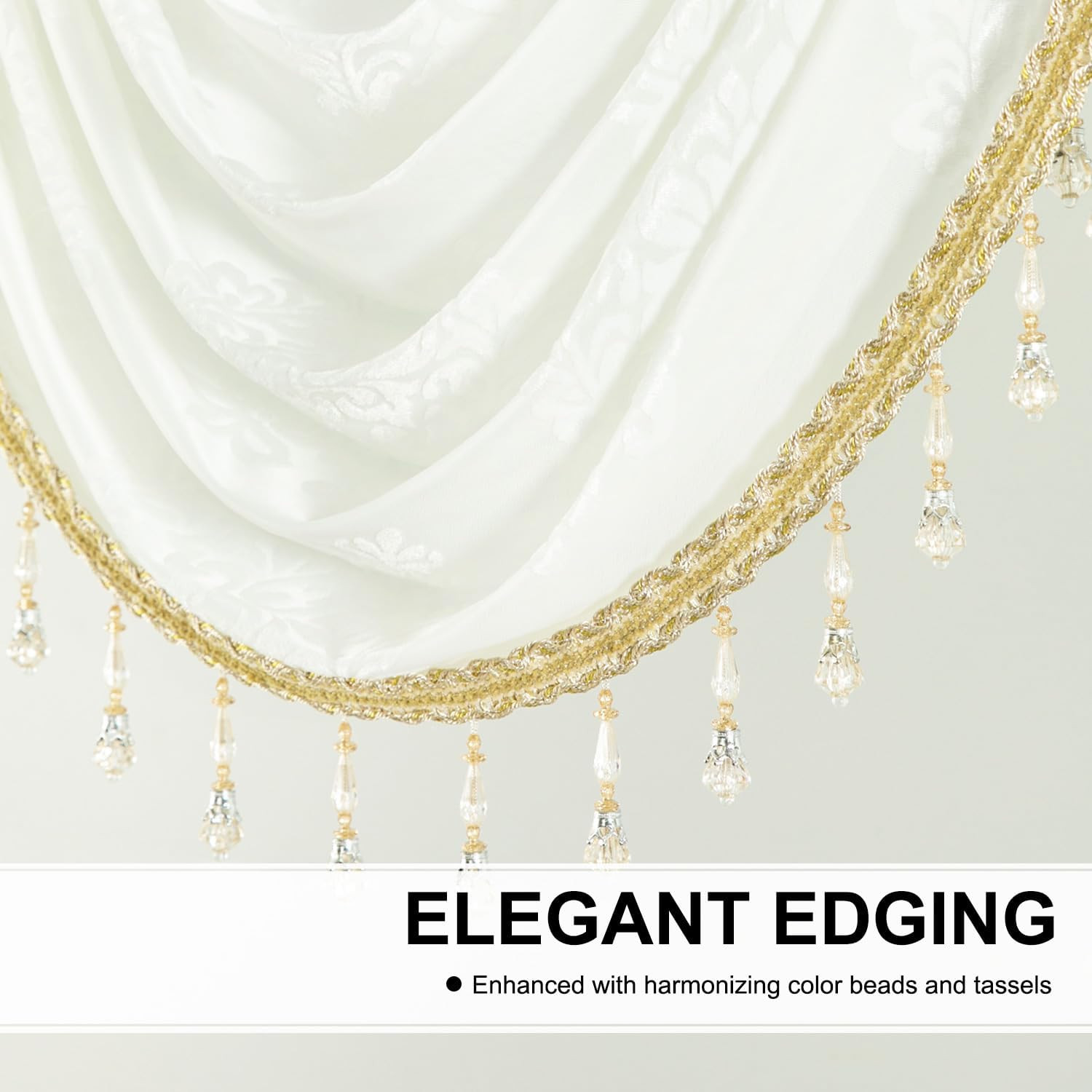 Elegant Extra Wide Waterfall Valance with Beaded Tassels, 79″ W X 43″ L