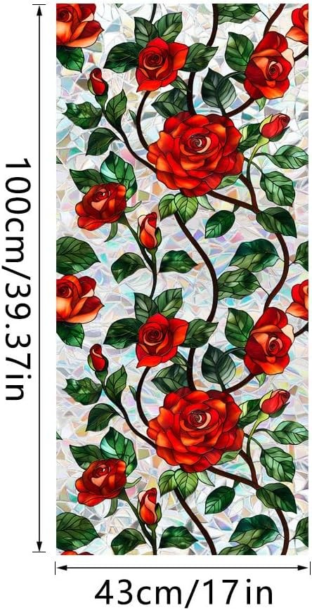 Red Rose Stained Glass Window Film 3D Rainbow Cling Privacy UV Block Decor