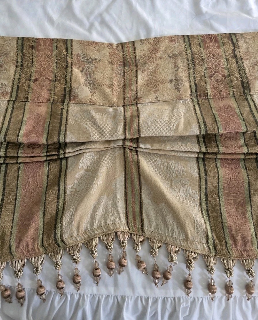 Croscil Beaded Window Valance 2 Panels Waterfall Scalloped 82×17 Damask Brocade