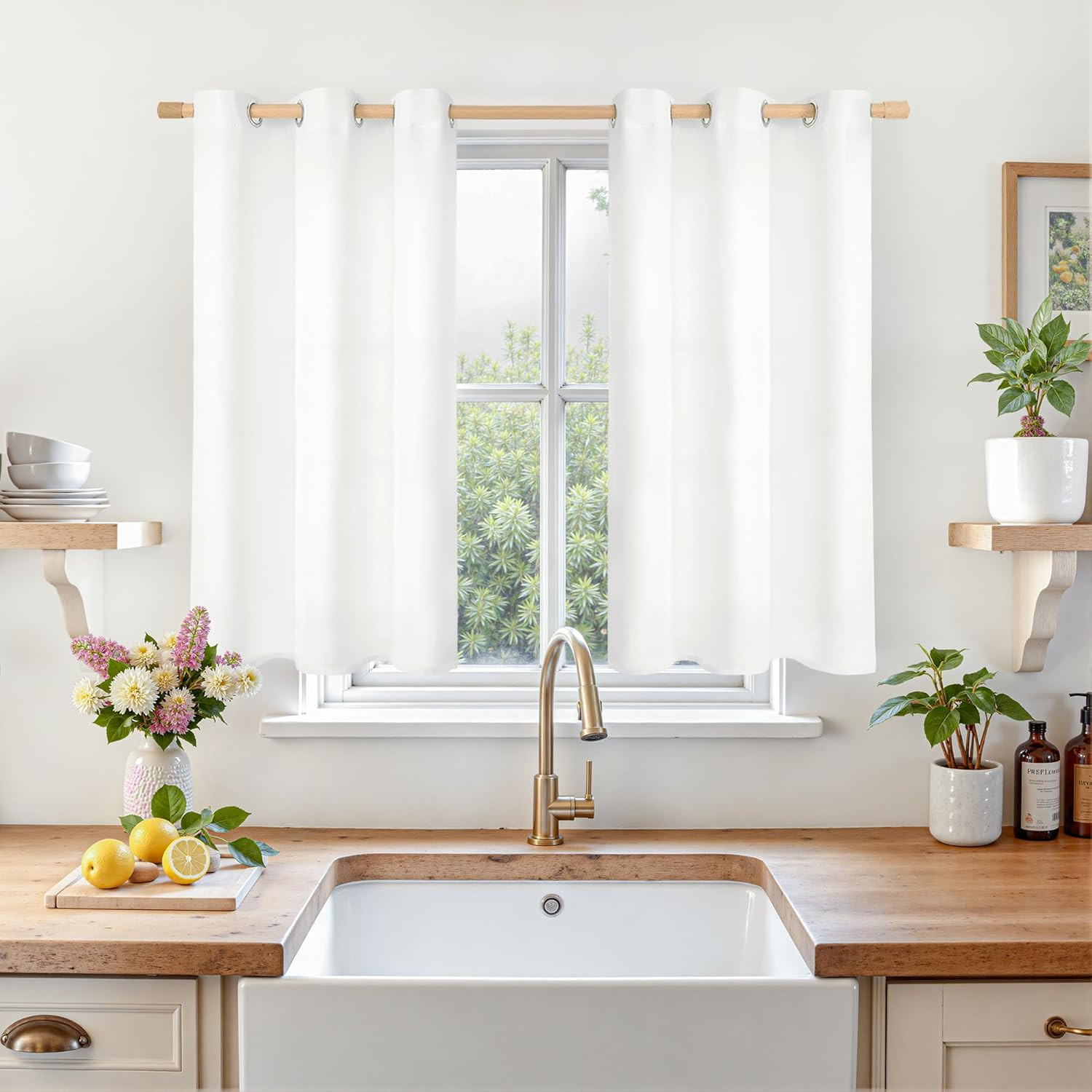 White Linen Curtains 40 Inch Length for Kitchen Windows over Sink, Linen Texture