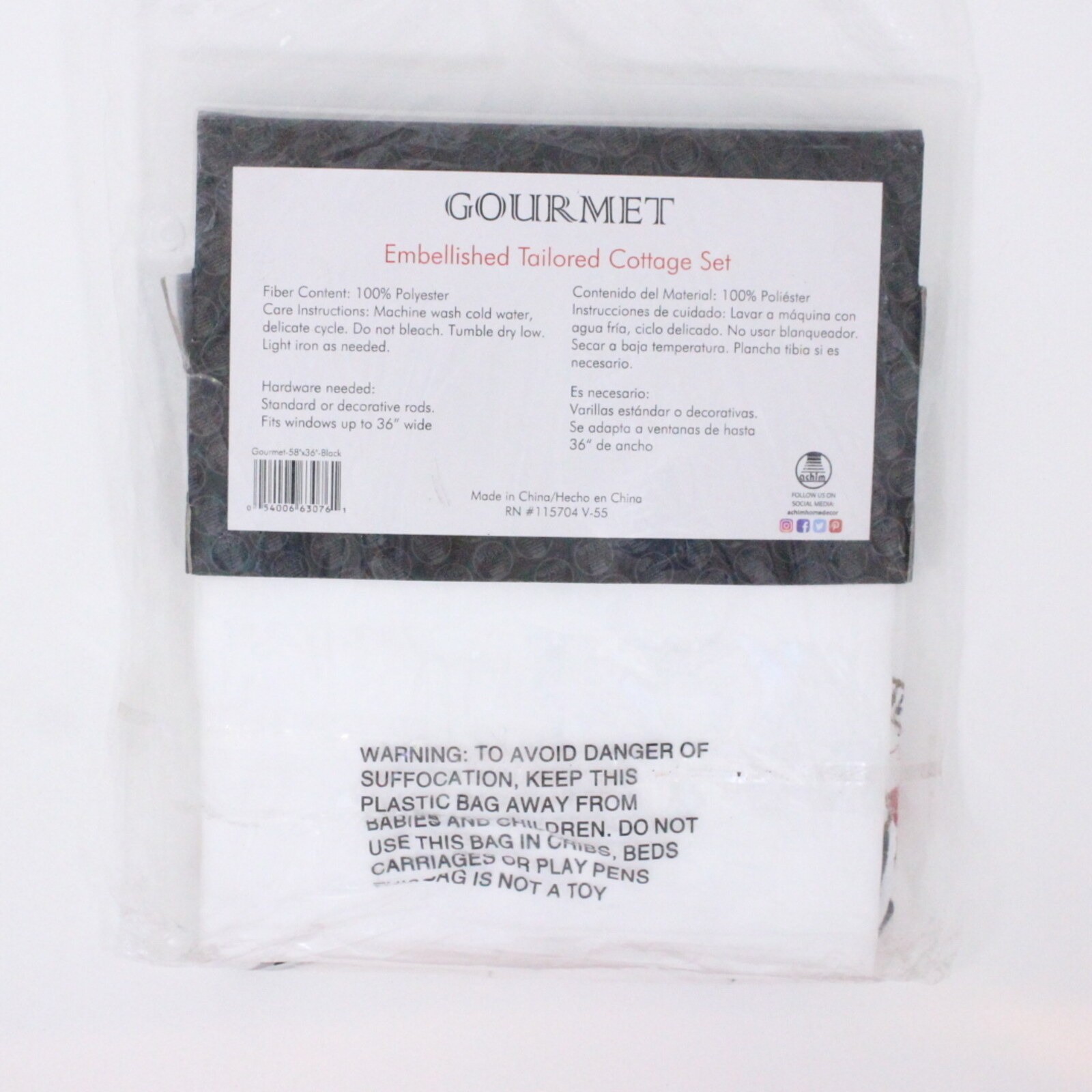 Achim Gourmet Kitchen Curtain Set 58×36 Black 3-Piece Tier & Valance Rod Pocket