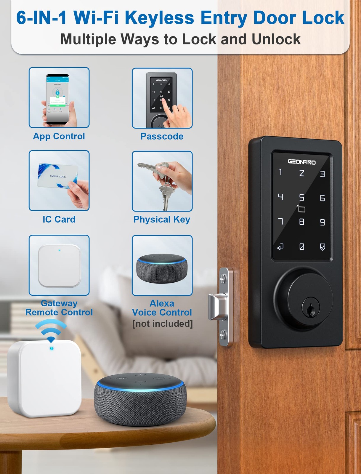 Geonfino Wifi Bluetooth Smart Lock Keyless Entry Touchscreen Keypad Auto Lock