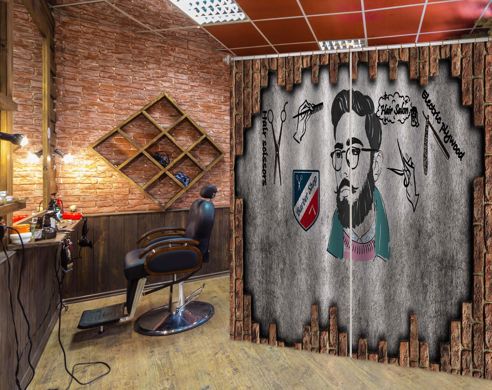 3D Vintage A4251 Barber Shop Photo Curtain Window Blockout Fabric Amy 2023