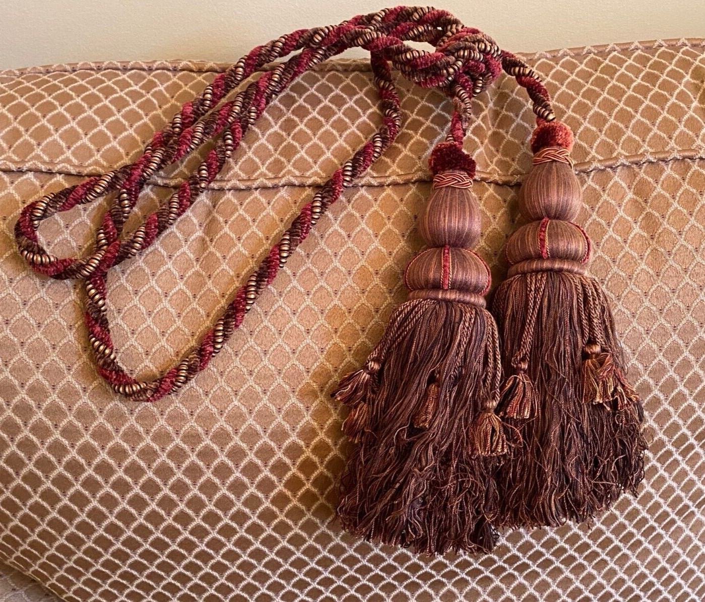 Very heavy-weight Rust & Brown Luxury Corded & Double Tassel Drapery Tie-backs