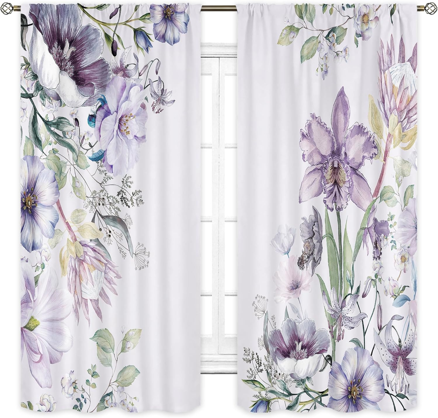 Purple Flower Curtains for Women Bedroom 42Wx63H Inch Rod Pocket Elegant Floral