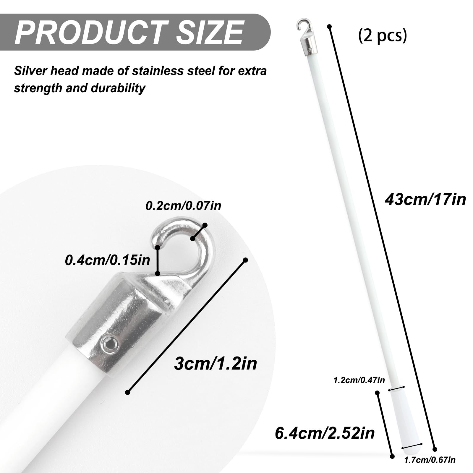 17 inch White Fiberglass Blinds Stick Replacement with 0.3″W x 17″H, 2 Pieces