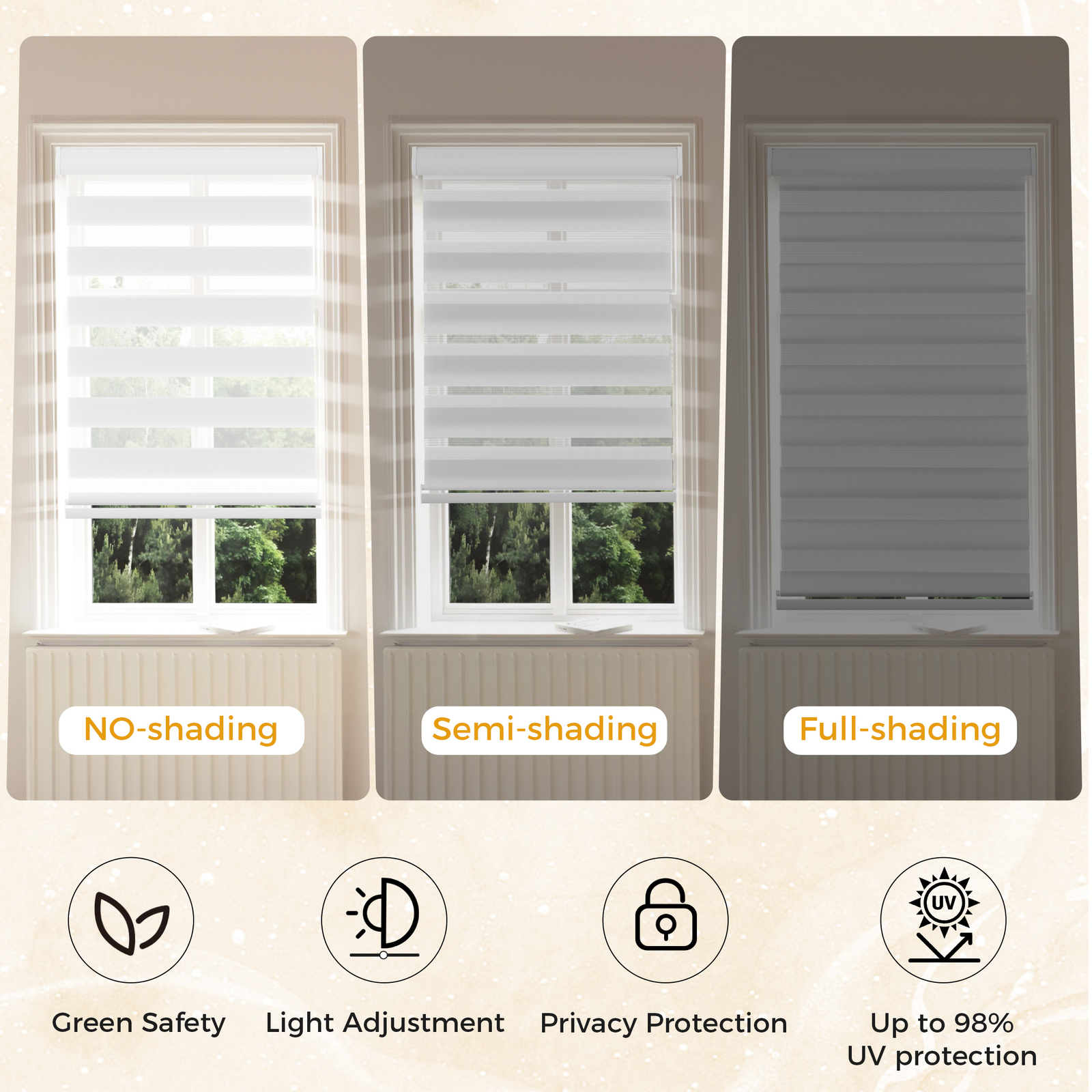 Cordless Zebra Privacy Blind Window Shade Light Filter UV Proof for Home Office