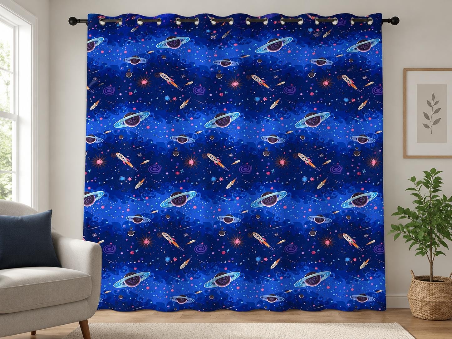Set of 2 Used Space Galaxy Window Curtain Panels with Grommet Top – Blue Planet