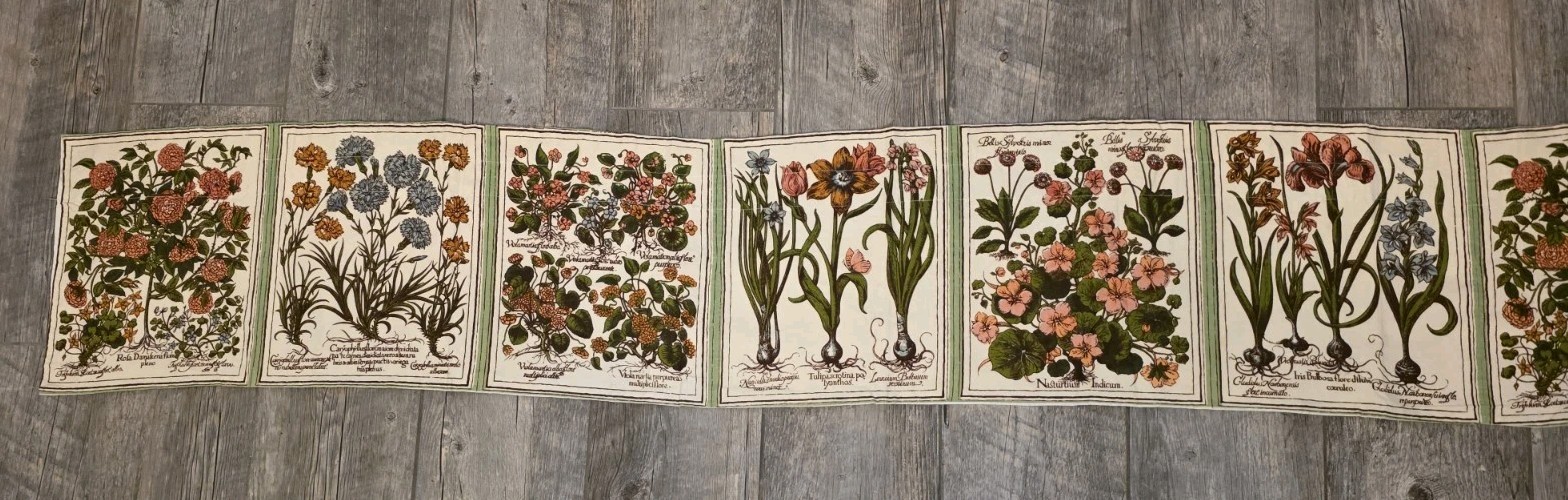 Curtain Valance Vtg Botanical Plants And Flowers Green Multi 12.5″x166″ Cotton