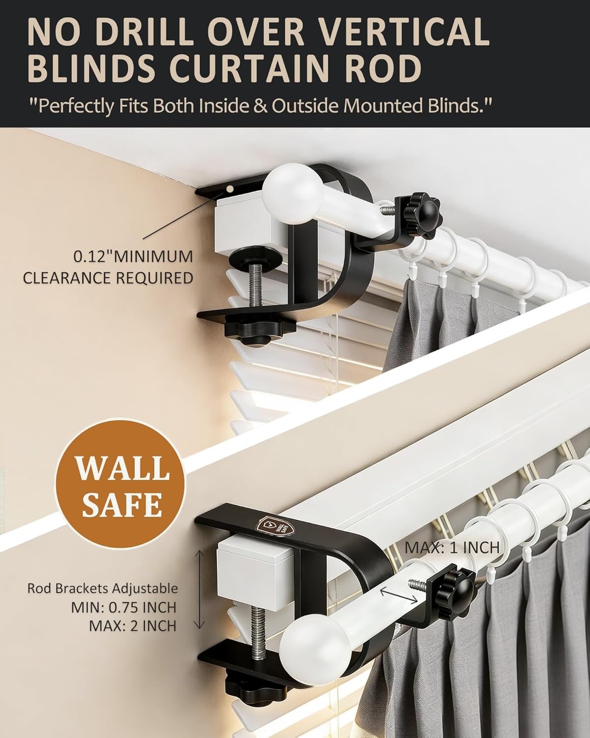 No Drill Curtain Rod Brackets Inside & Outside Mount [Patented] Adjustable Fits