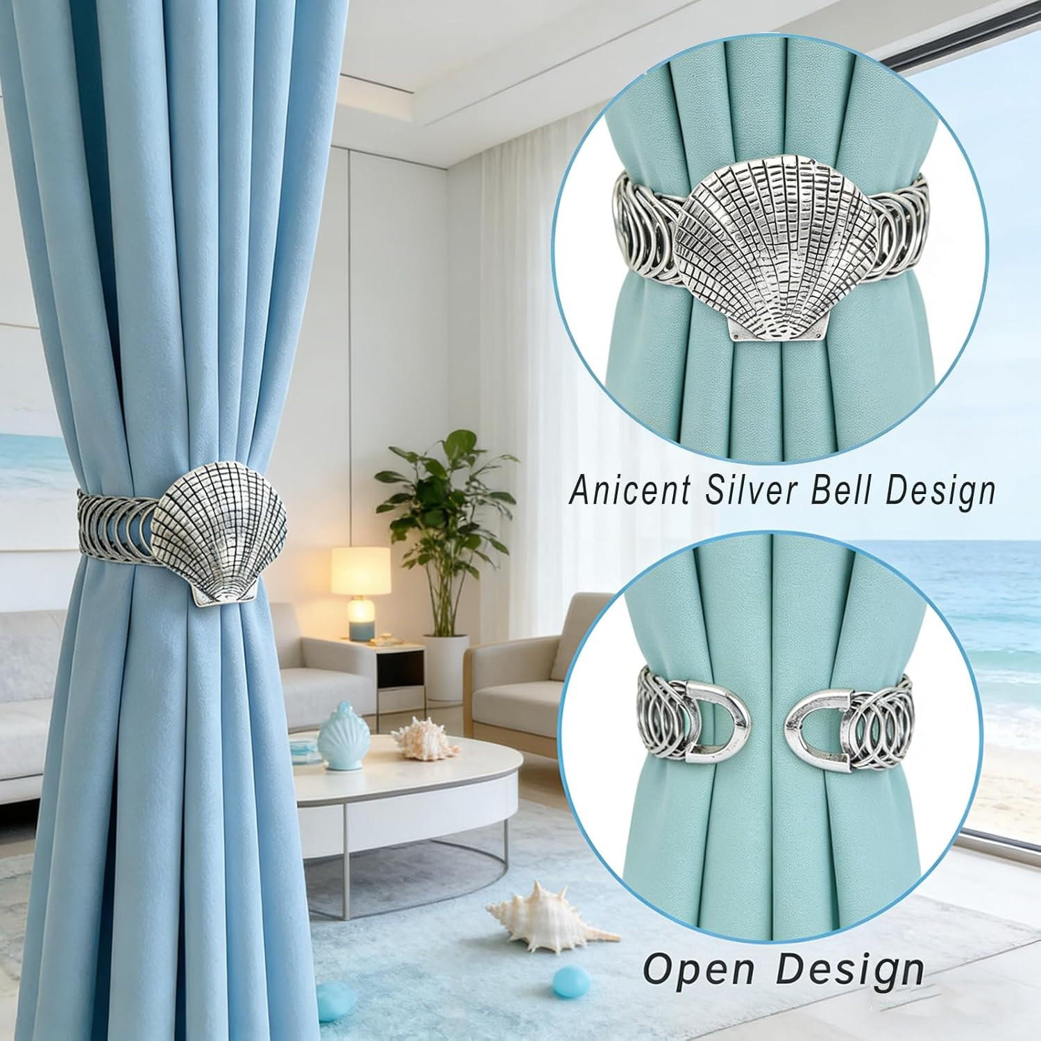 Shell Curtain Tiebacks, 2 Pack Elastic No Drill Curtain Holdbacks,Antique Silver