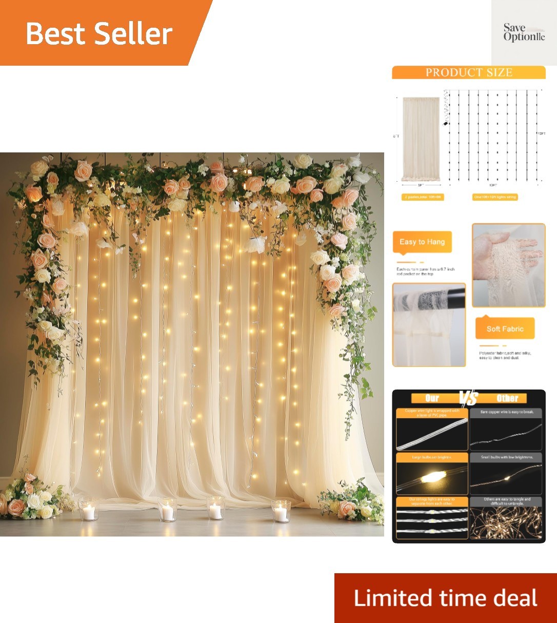 Tulle Backdrop Curtains with Lights 10x8ft Sheer Champagne Curtain