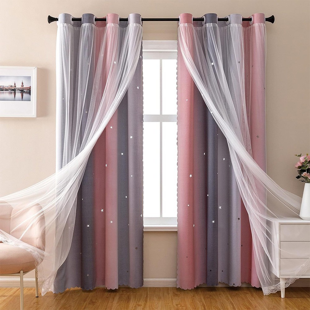 Ethereal Glow Blackout Curtains Light Blocking Lining Double Layer Lace Trim