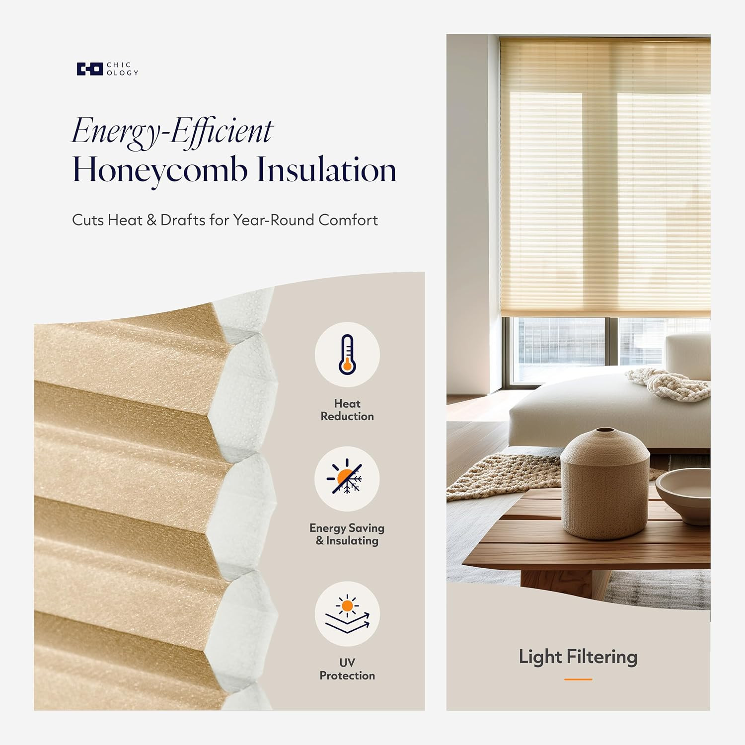 Cordless Honeycomb Cellular Shades – Blackout & Light Filtering, 72″ W X 64″ H