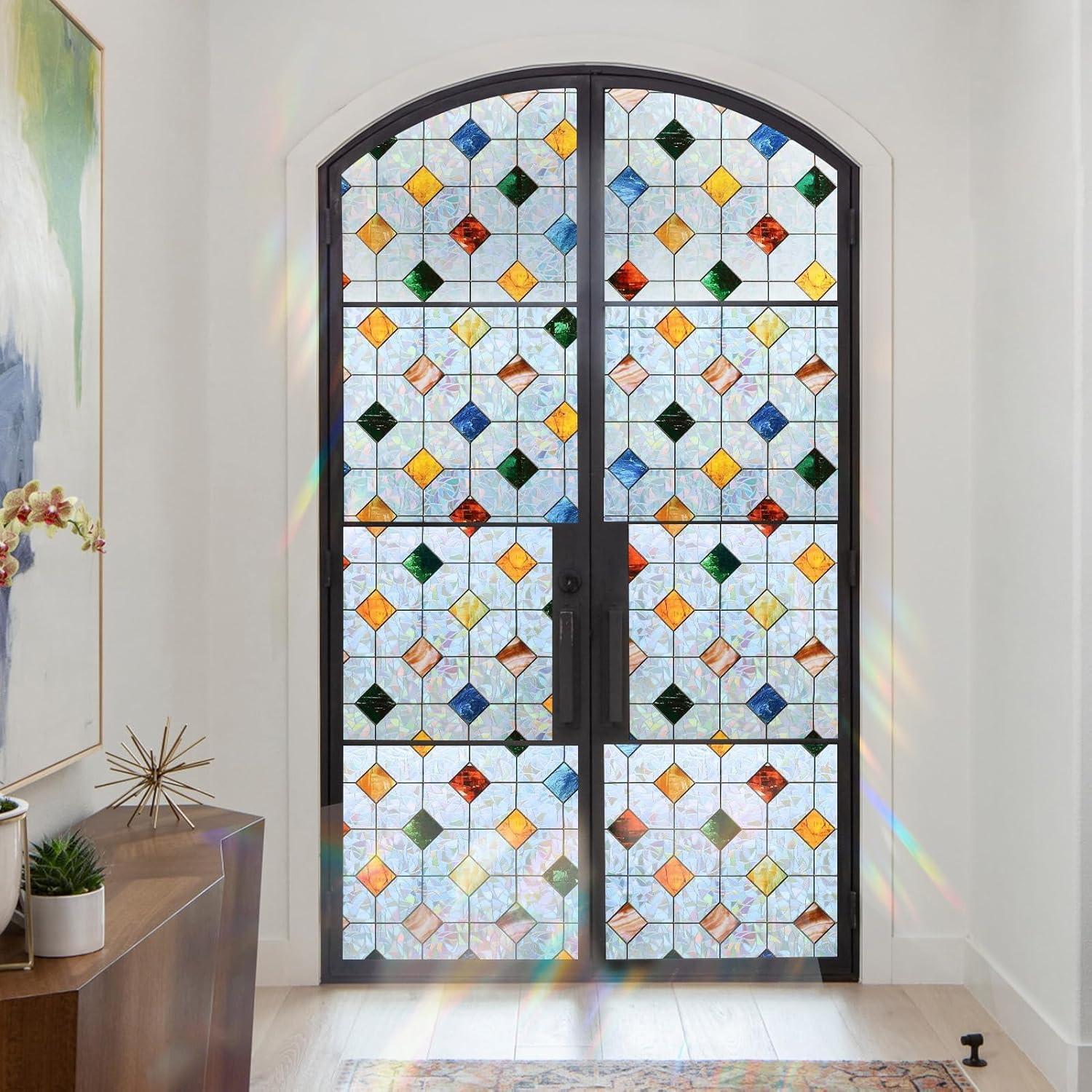 DKTIE Colorful Gem Lattice Pattern Decorative Window Privacy Film Rainbow Staine