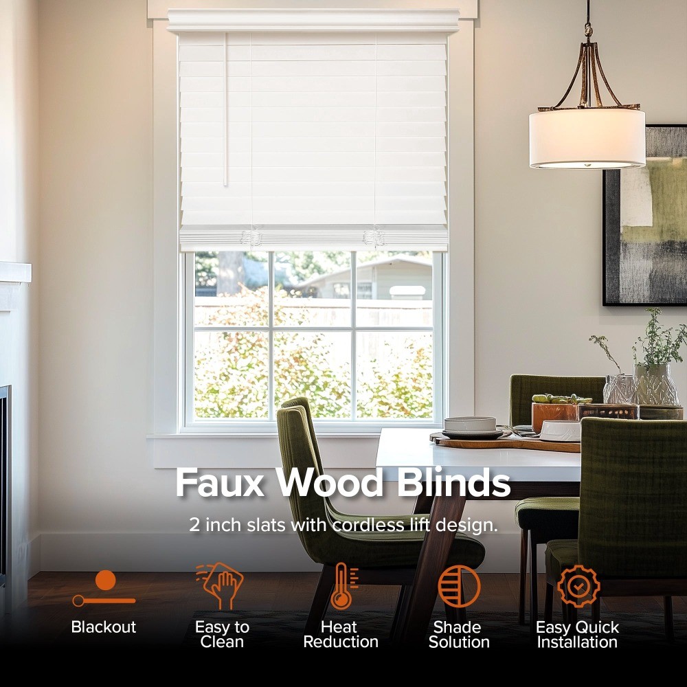 Faux Wood Blinds 2 in Slats Blackout No Hole Design Valance, 23″W x 72″H
