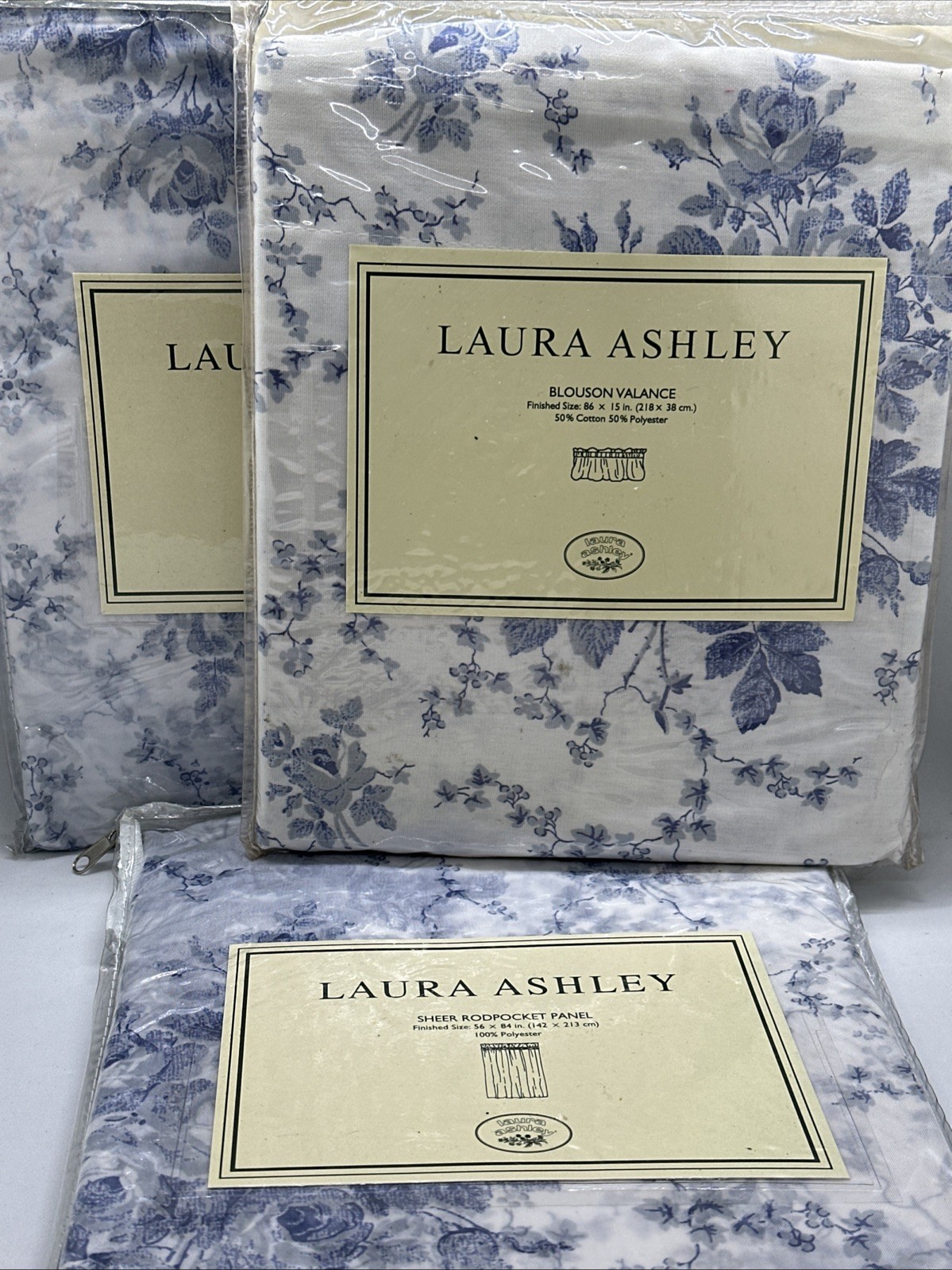 VTG Laura Ashley Sophia 2PC Sheer Blue White Floral Panels & 1PC Bluoson Valance