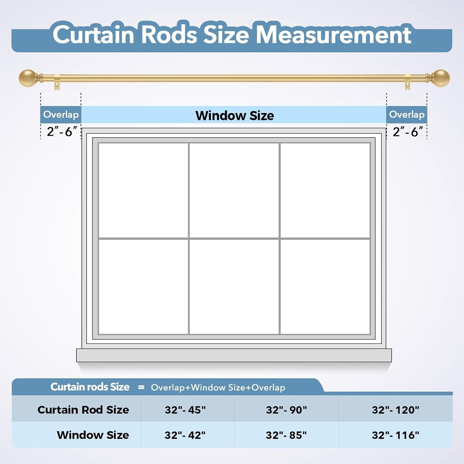 Gold 5/8″ Diameter Adjustable Rod With Classic Round Finials,For Windows 66-120″