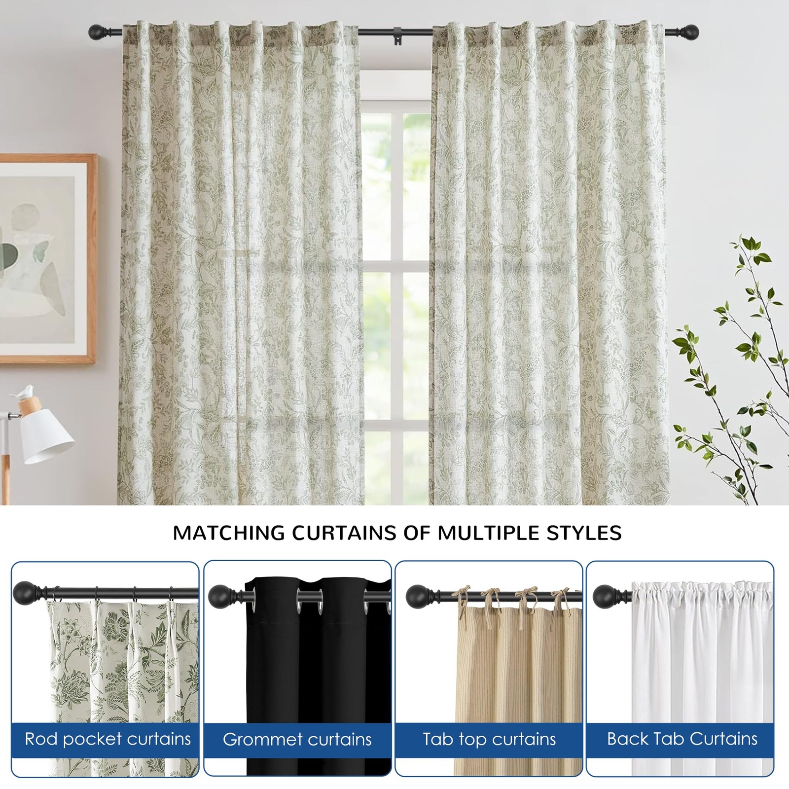 Black Curtain Rod, Adjustable 66-120 Inch, Heavy Duty,1″ Diameter | Metal, 3 Bra