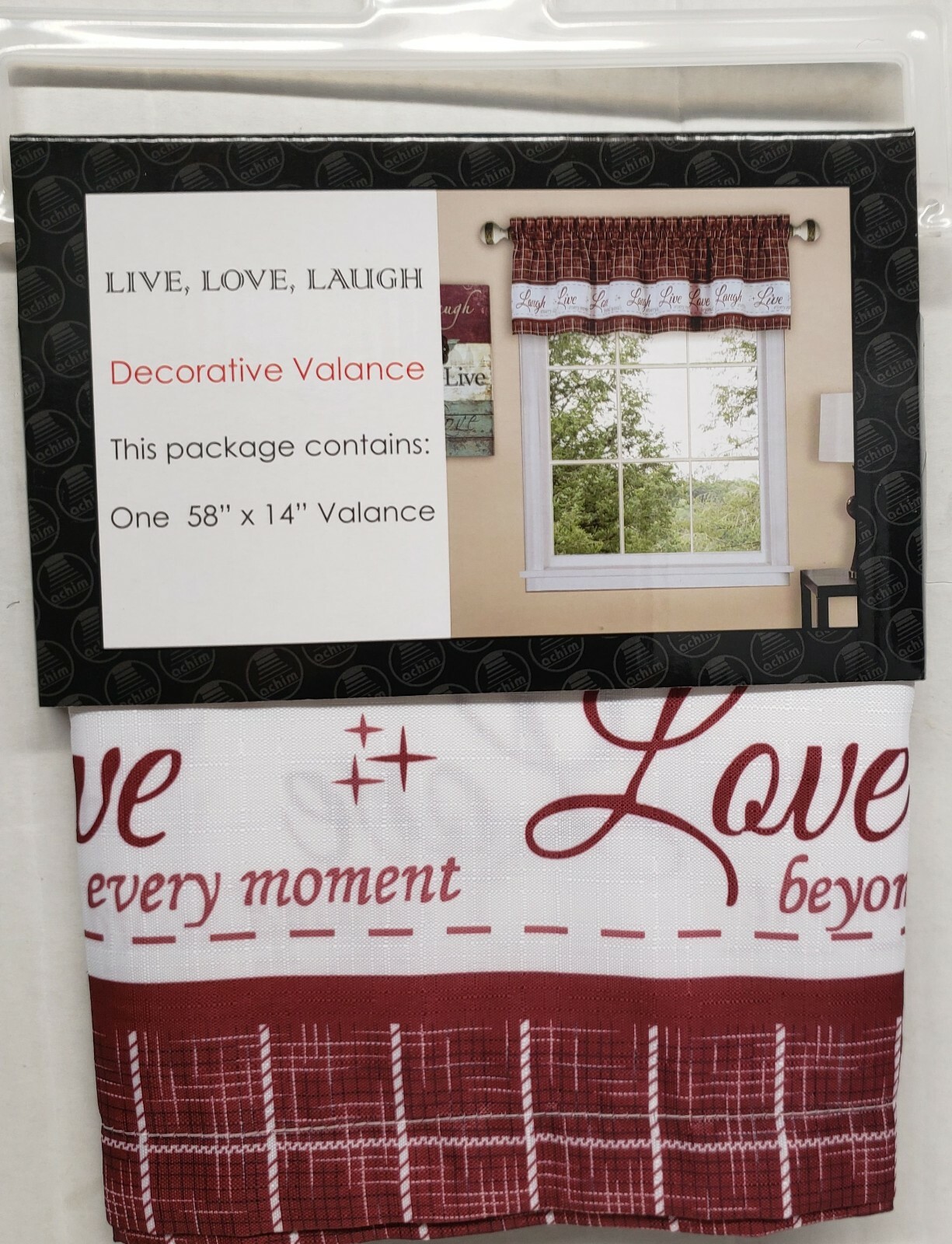 1 pc, just one Decorative Valance (58″ x 14″) LIVE LAUGH LOVE, Burgundy by Achim