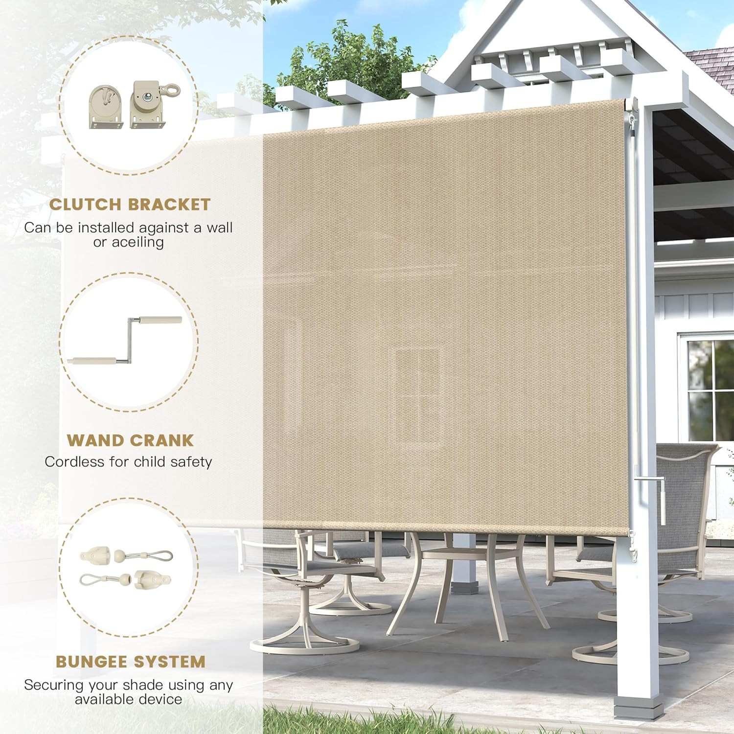 Outdoor Roller Shade 10′ W x 8′ H, Exterior Cordless Patio Shades Roll Up Blinds