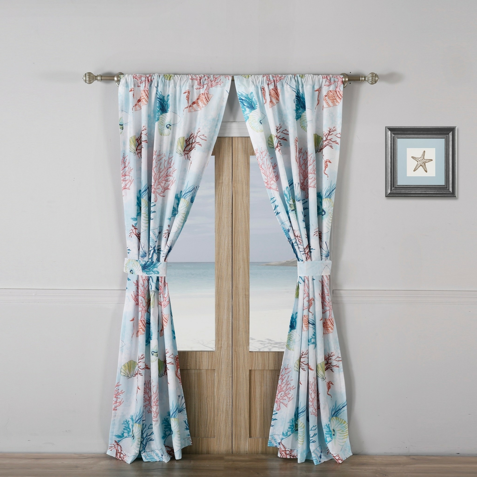 Set 2 Blue Pink Coastal Beach Coral Shell Curtains Panels Drapes 84 in Darkening