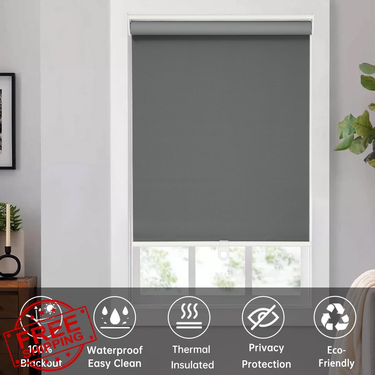 Changshade Grey Blackout Roller Shades 55″w x 72″h Cordless