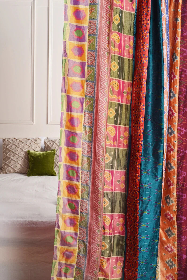 2 Pcs Indian Sari Patchwork Curtain Drape Window Decor Multi Silk Sari Curtain
