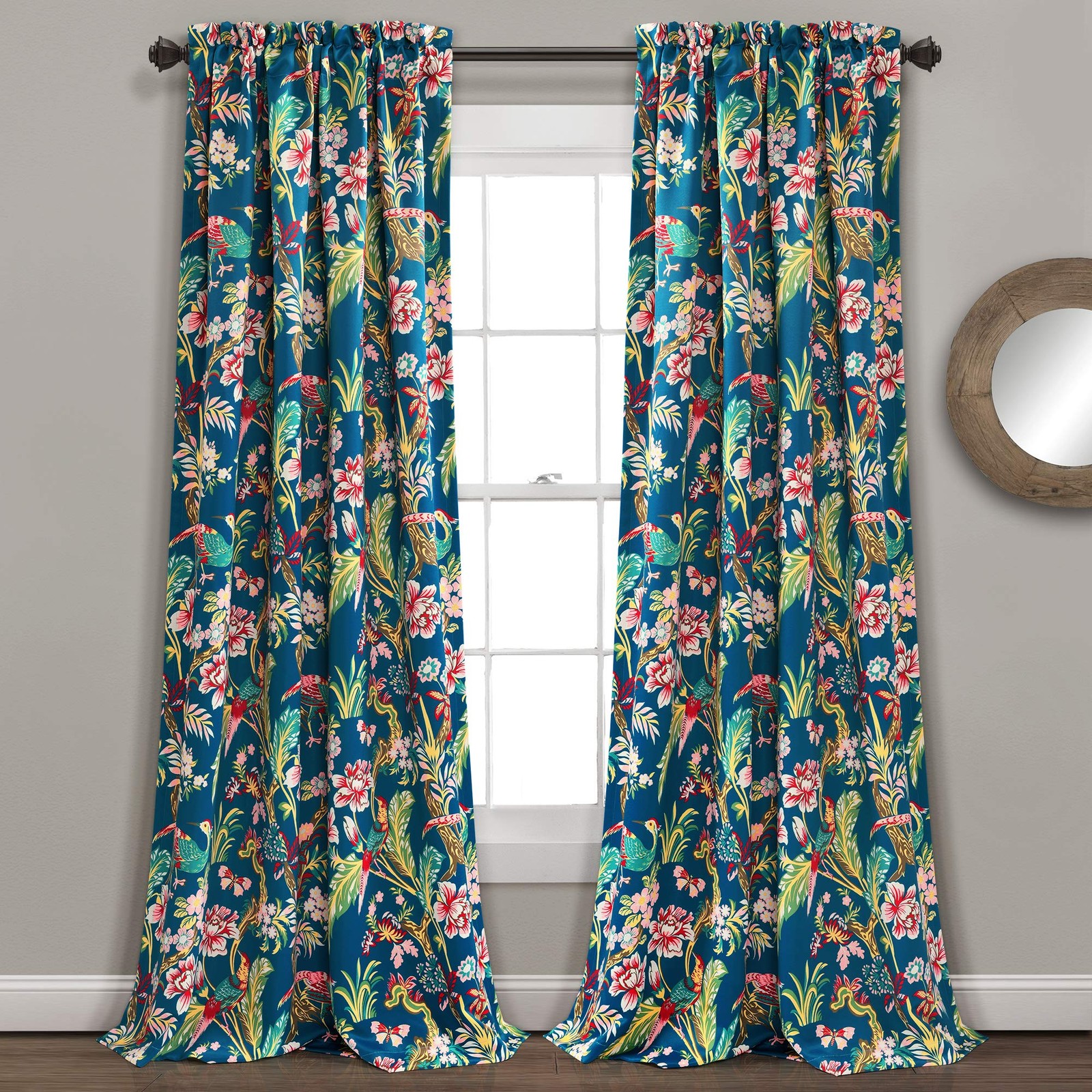 Dolores 52×84 Light Filtering Window Curtain Set 2 Panels Floral Peacock Print