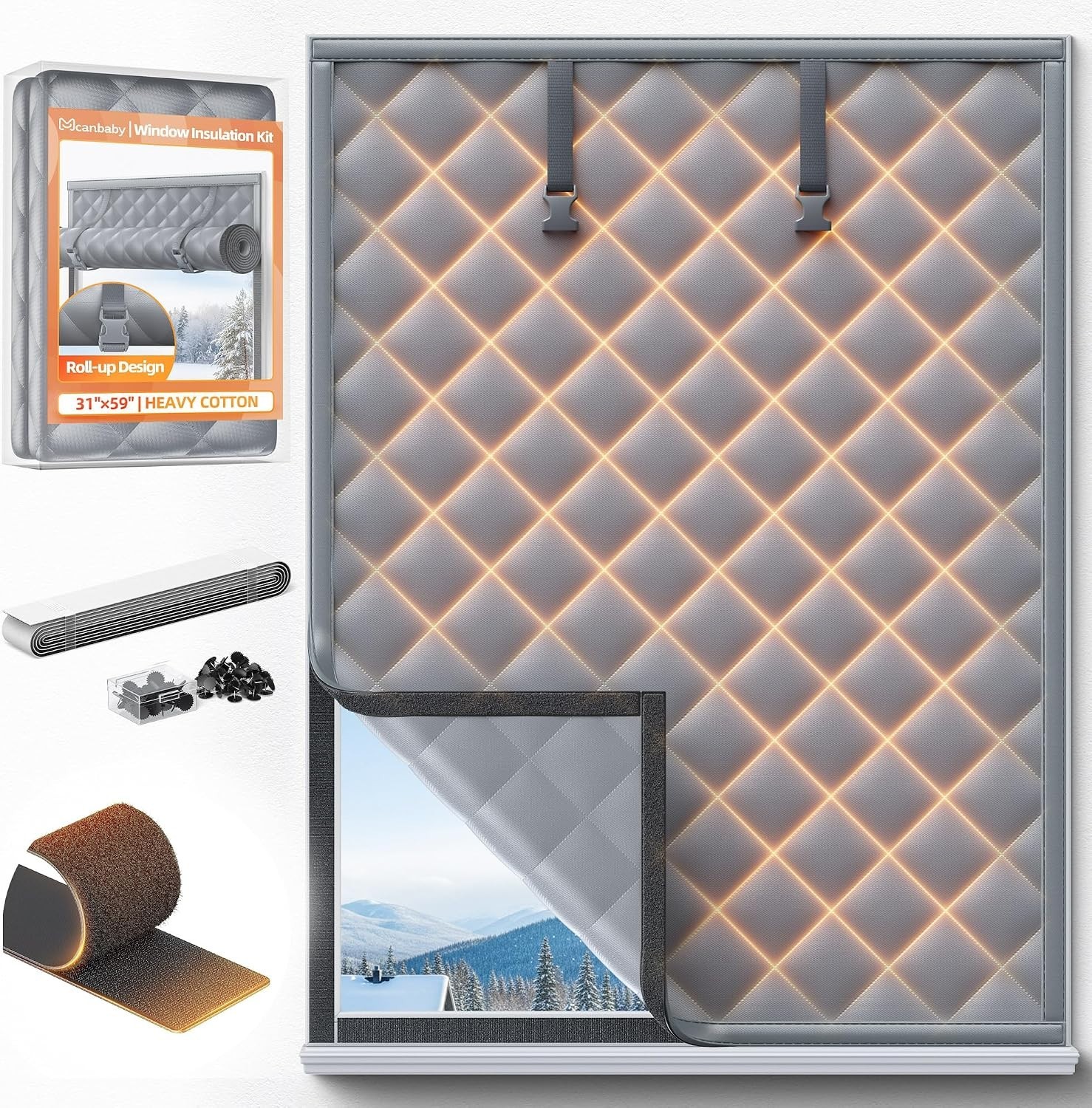 Window Insulation Kit 31×59 Inches Cotton Waterproof Oxford Draft Blocker Gray