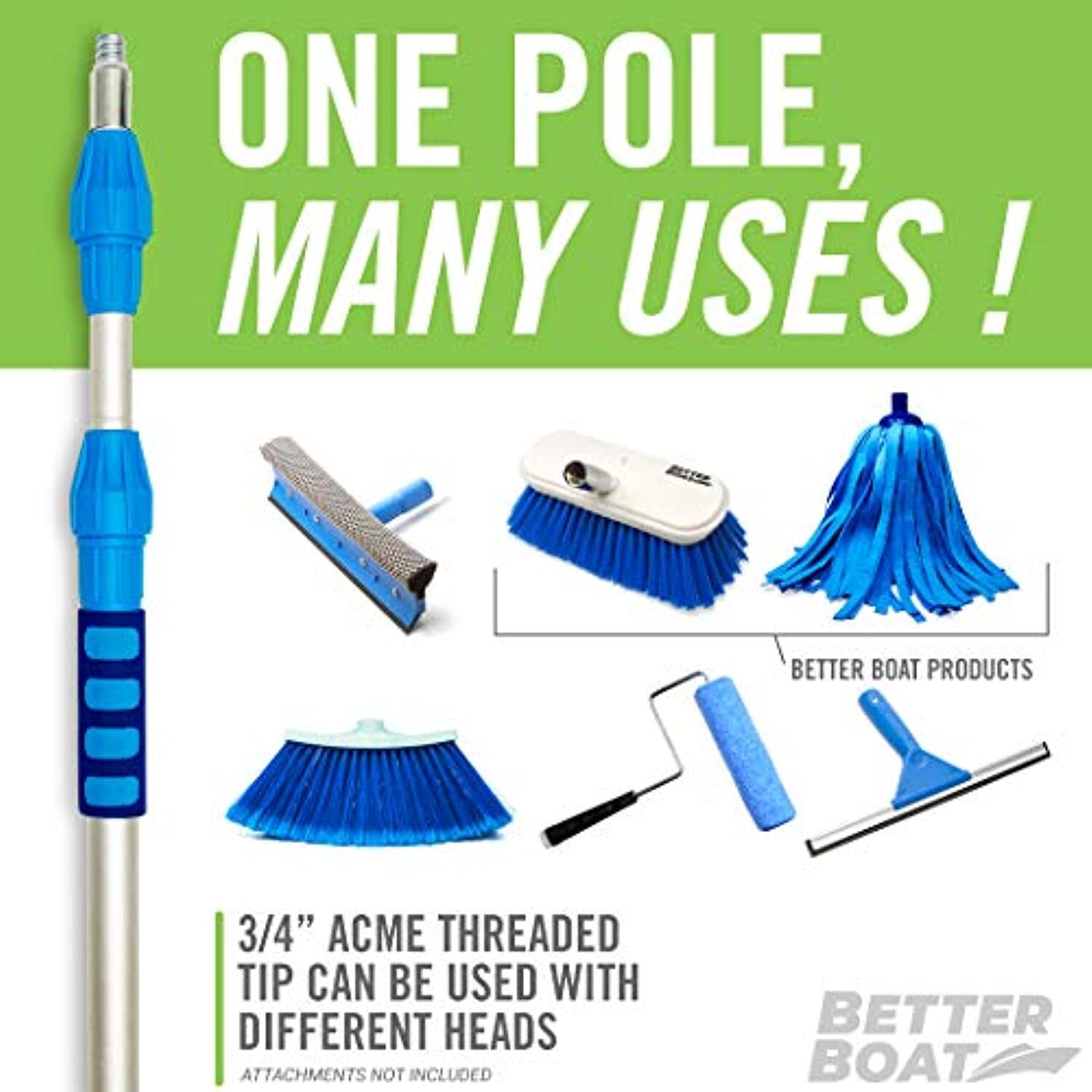 Better Boat Telescoping Pole Extendable Pole Deck Brush 3/4″ Universal End Pa…