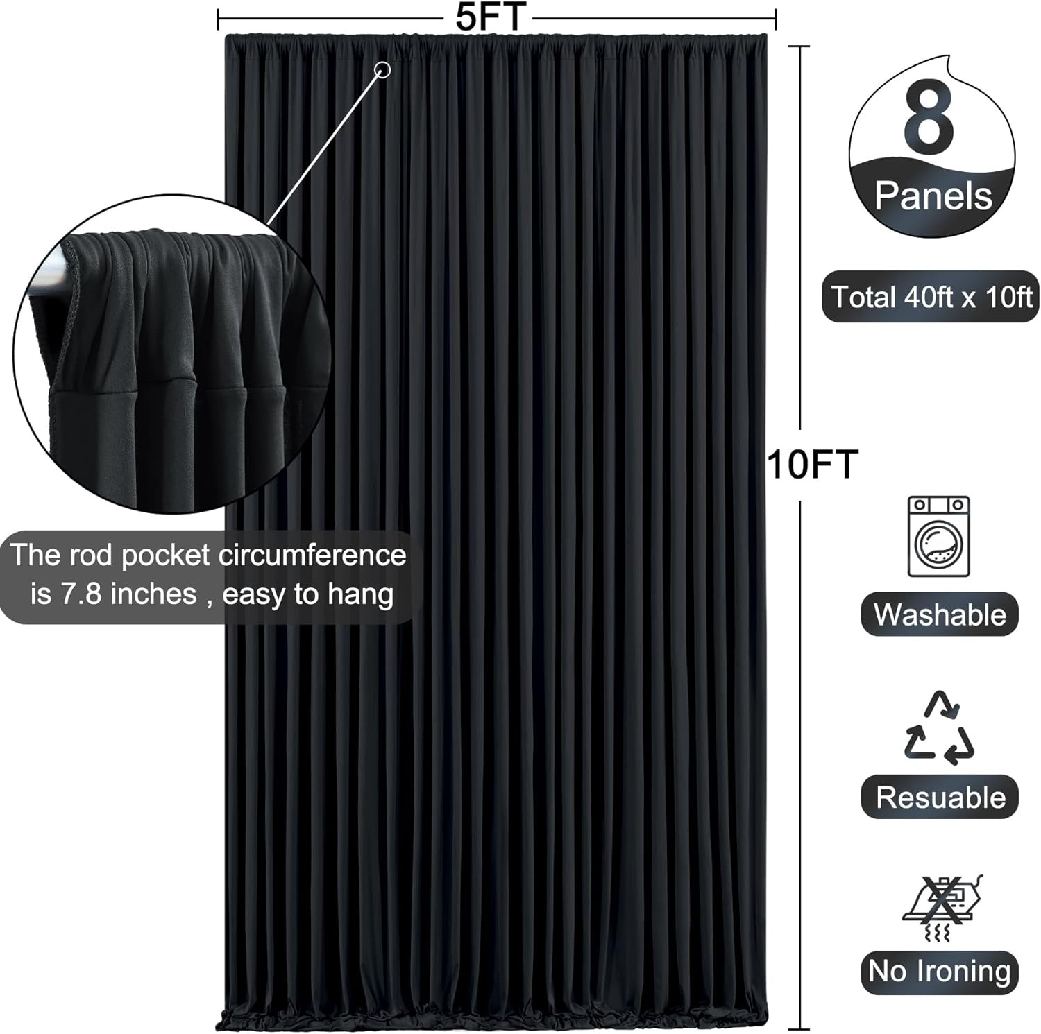 40ft x 10ft Black Backdrop Curtains for Parties, Wrinkle Fabric Drapes for