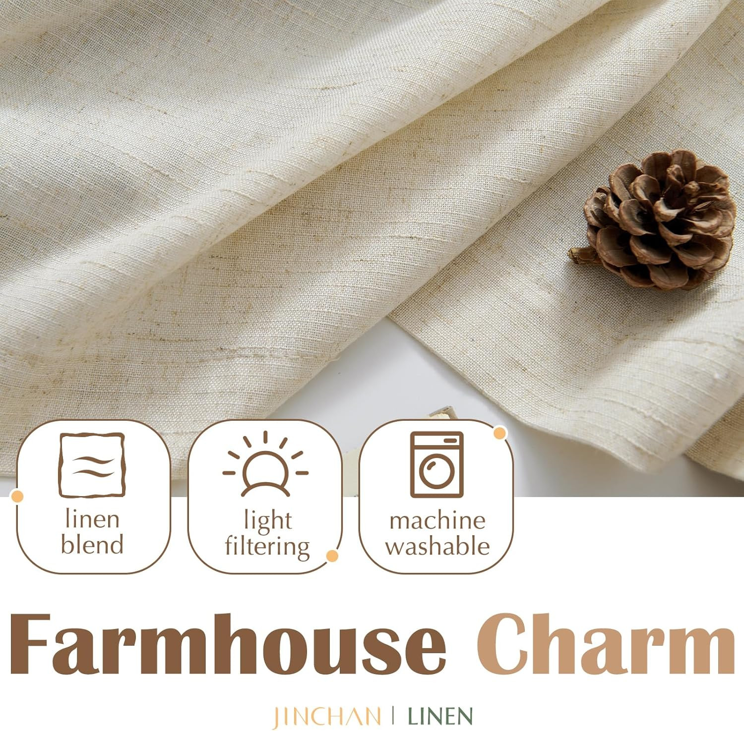 Linen Pinch Pleated Back Tab Tier Curtains,26X24,2 Panels,Natural | Light Filter