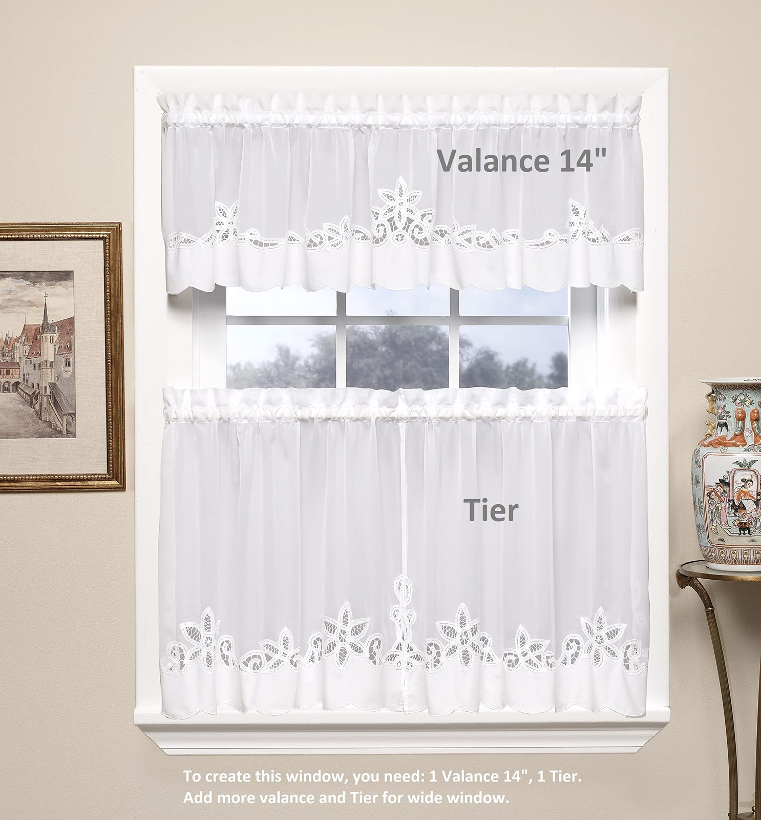 Plymouth Classic Battenburg Applique Sheer Window Tier, 36-Inch, White