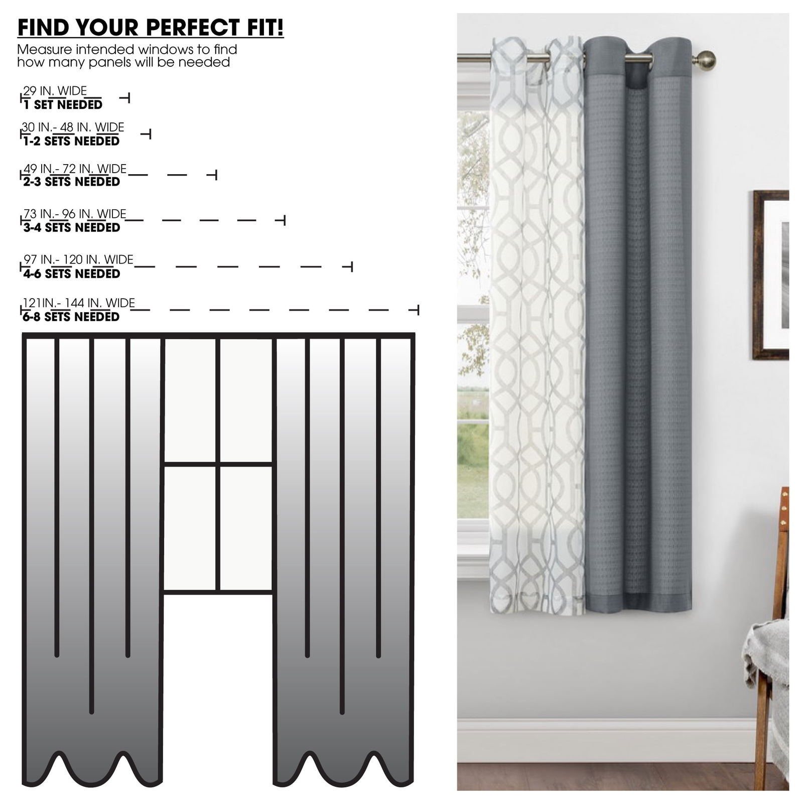 Kingswood Solid and Printed Sheer Grommet Curtain Panel Set, 4 Pc 27.5″ W x63″ L