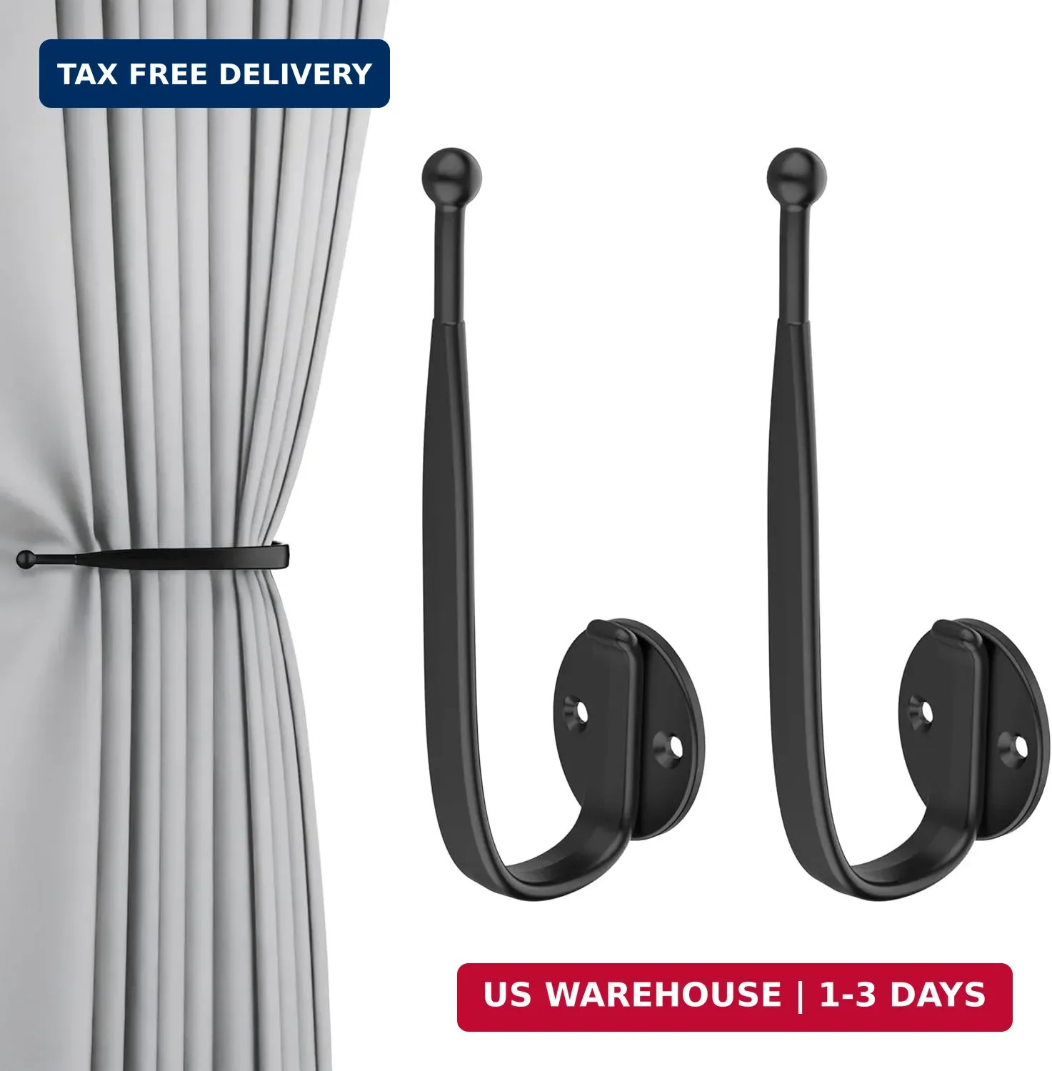 2pcs Curtain Holdbacks Black， Curtain Holders for Wall Mounted Curtain Pull Back