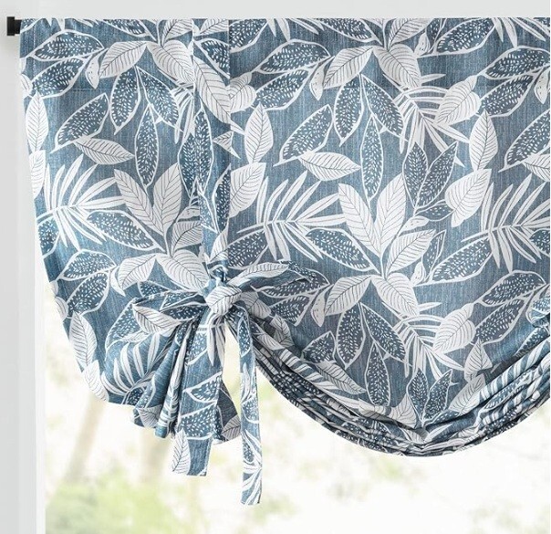 Curtain Tie Up Valance Leaf Linen Rod Pocket 1 Panel 42″ W x 54″ L Blue on White