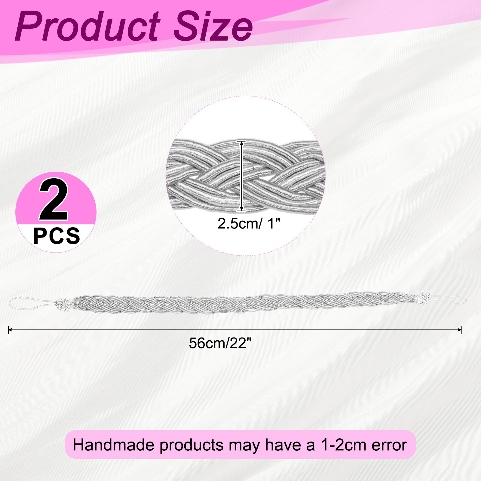 2Pcs Curtain Tiebacks 58cm/23″ Braided Drapery Holdback Light Silver