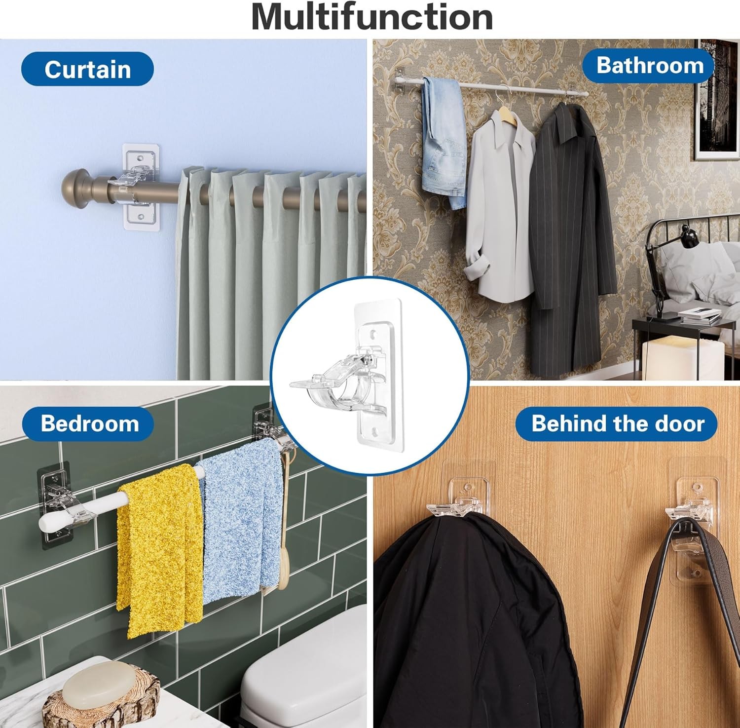 4 Pcs No Drill Curtain Rod Brackets, Adhesive Curtain Rod Holders, Curtain Hooks