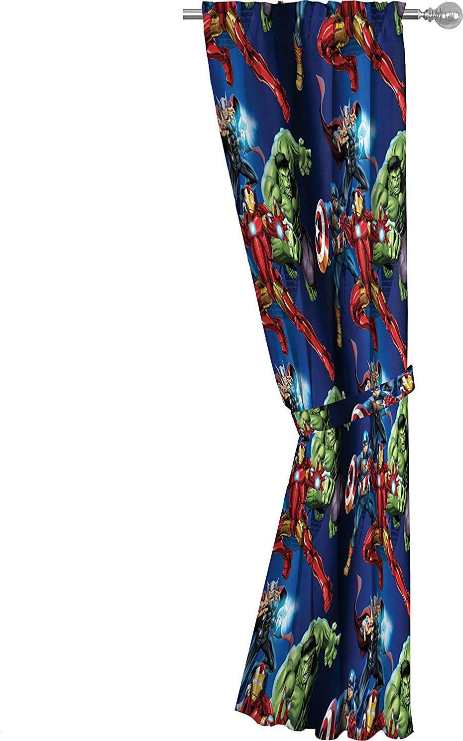 Avengers Curtain Panel Set Tiebacks Microfiber Curtains Pair Kids Bedroom Blue