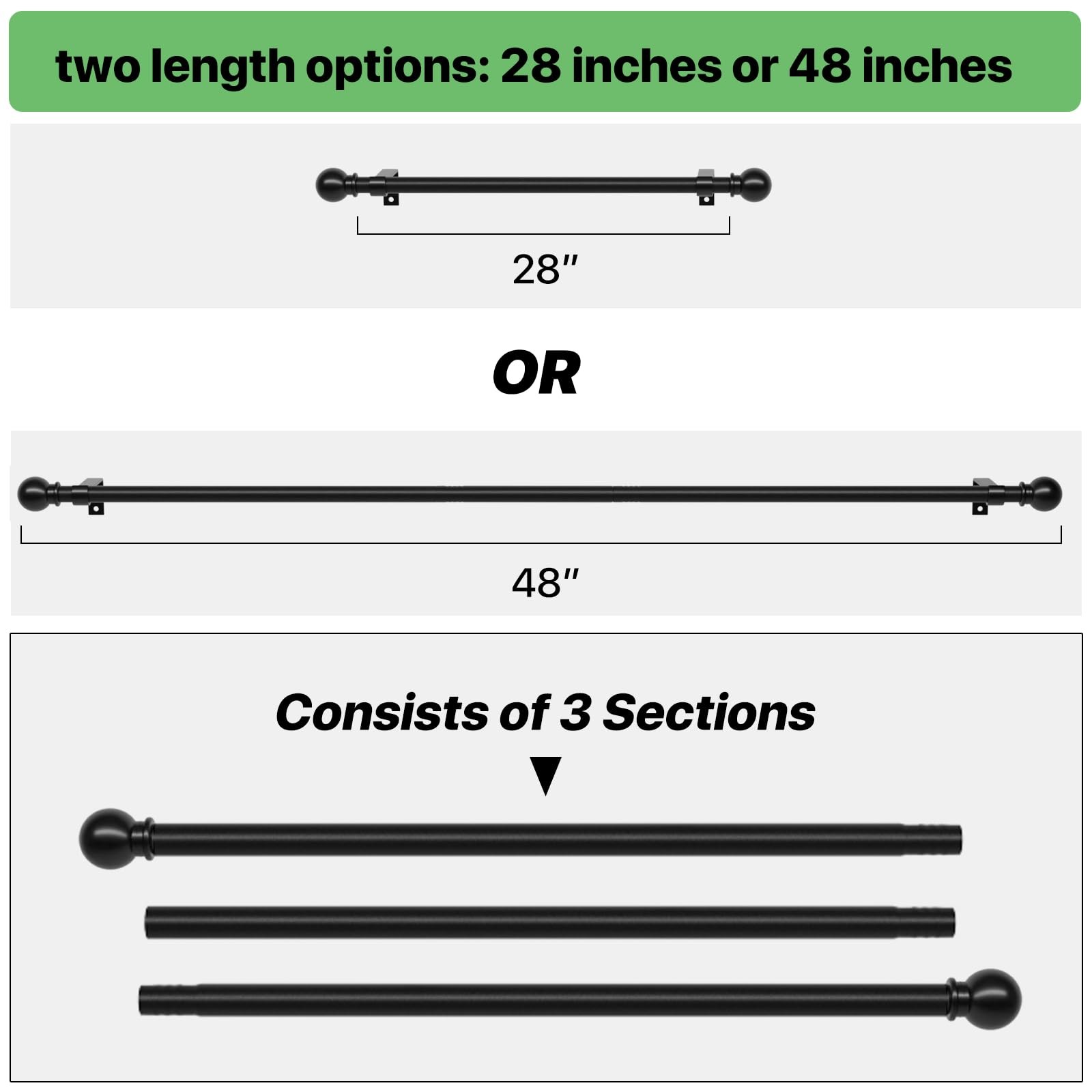 ADJUSTABLE CURTAIN ROD SET 28–48 INCH BLACK METAL DRAPERY ROD WITH BRACKETS