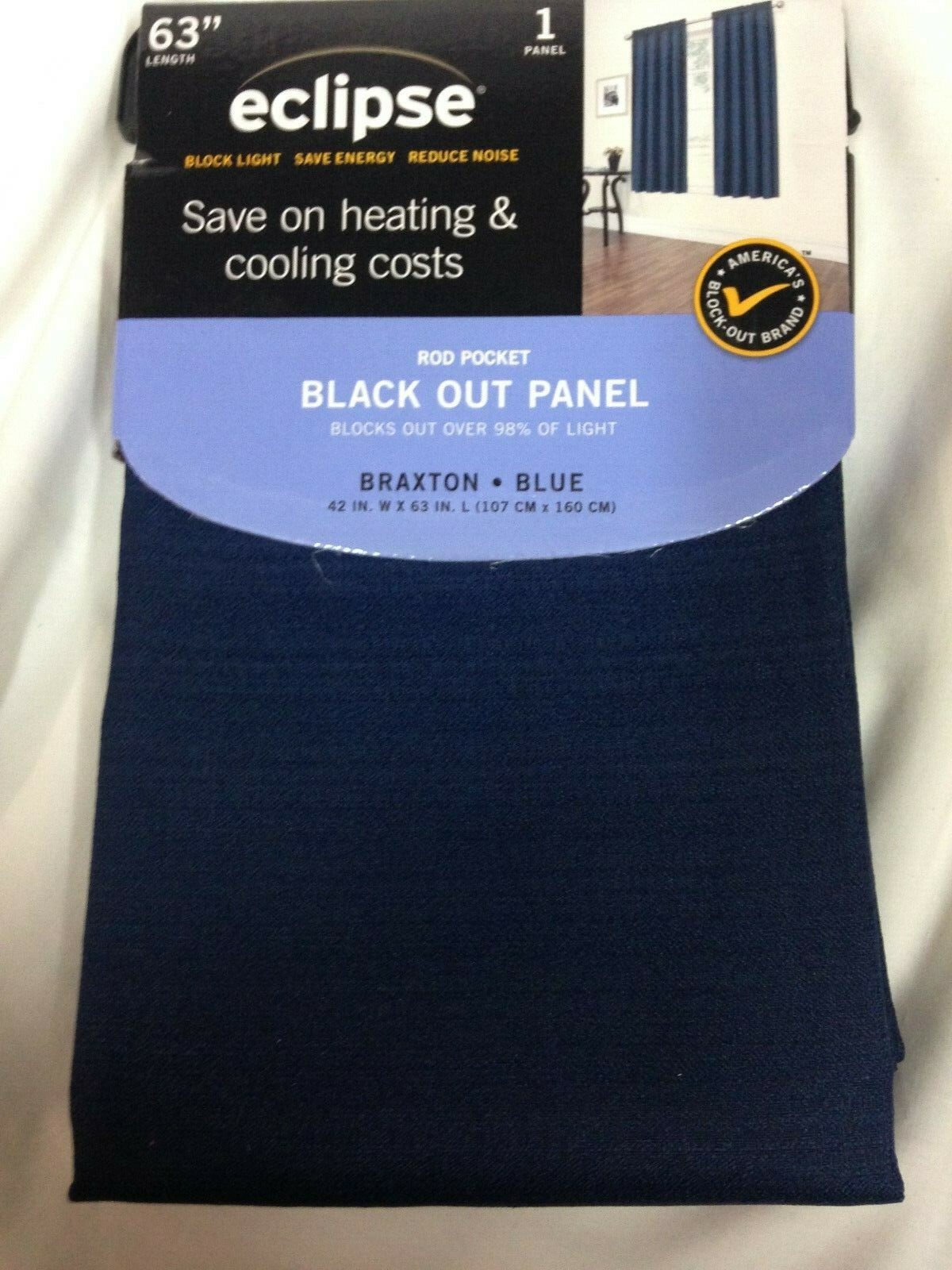 Eclipse Braxton Thermaback Blackout Curtain 1 Panel Rod Pocket 42″ x 63″ Blue