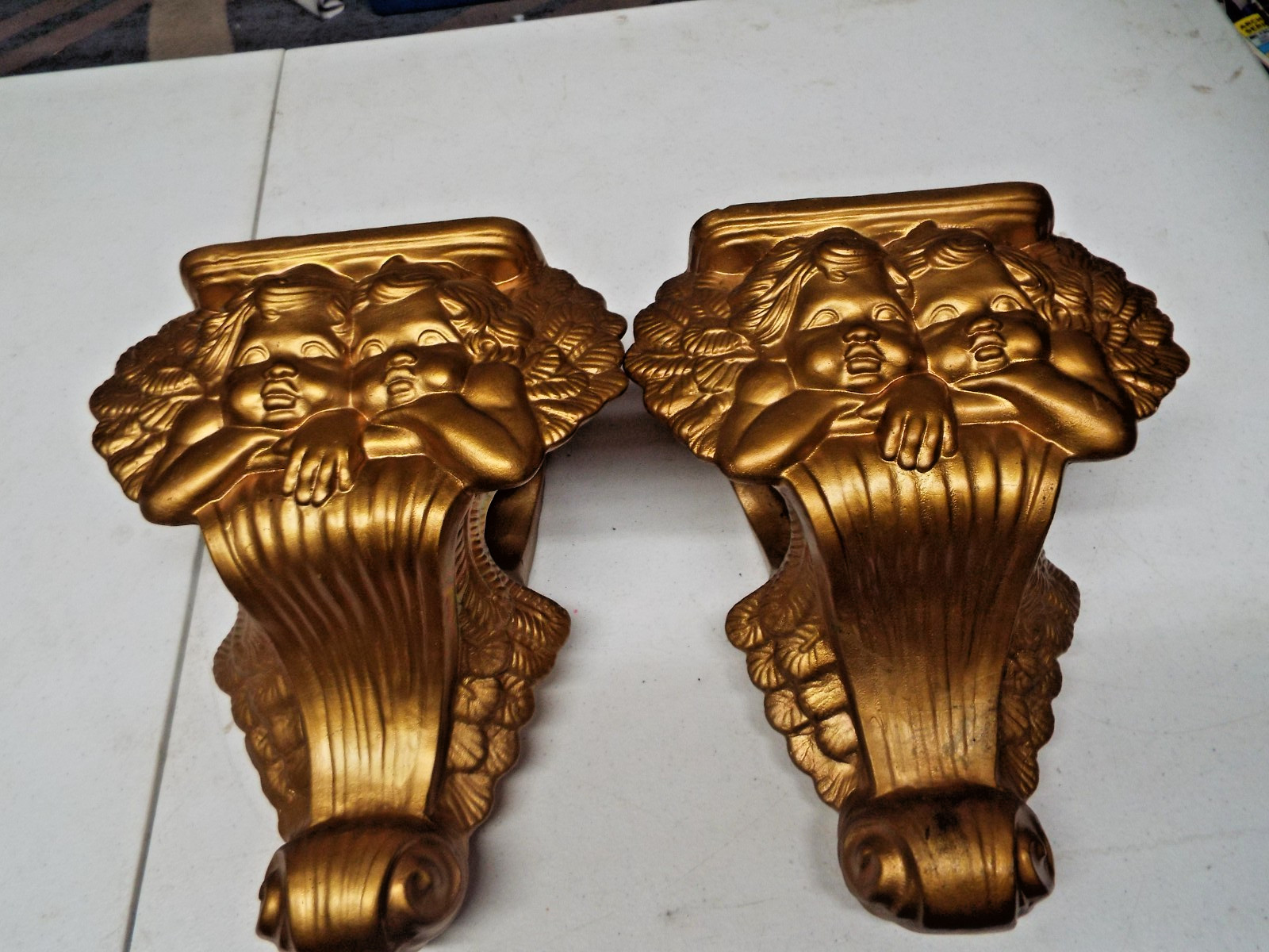 2 Vintage Ceramic Angel Cherub Drapery Curtain Rod Wall Hanging Sconces